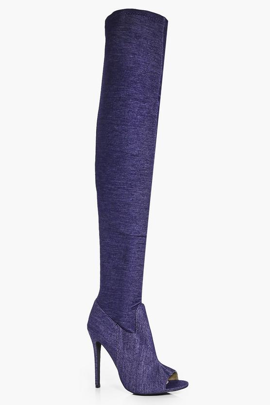 Victoria Denim Peeptoe Thigh High Boots